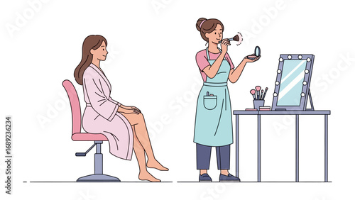 Professional makeup artist applying cosmetics to a seated client in a beauty salon setting