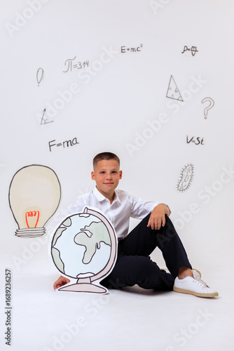 Thoughtful schoolboy in uniform sitting on wooden stool, student portrait with science and math formulas on white background, education and learning concept
