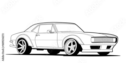 Vector coloring page illustration of a high-speed car. Black contour line art, isolated on a white background. Clean stroke outline without fill, perfect for books, drawing activities