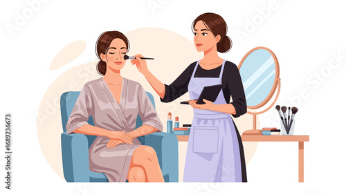 Professional makeup artist applying foundation to a woman sitting in a chair with a vanity and mirror in the background