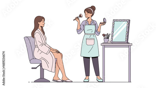 Stylist with hairdryer and products consults with client seated in salon chair