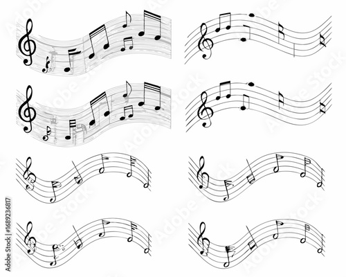 Collection of musical notes and staff lines on wavy backgrounds