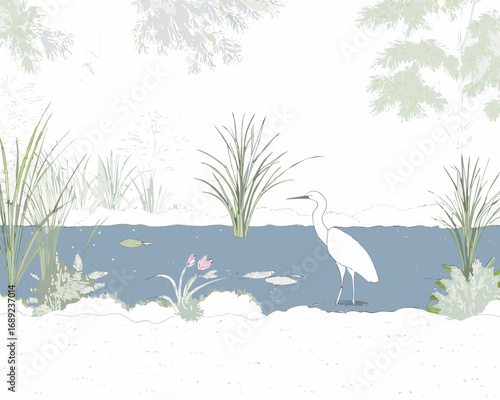 White egret wading in a tranquil pond surrounded by reeds and foliage