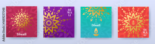 Happy Diwali. Indian festival of lights luxury design set in trendy geometric style with oil lamps and Indian ornaments and pattern. Holiday background for branding, card, banner, cover, poster, flyer