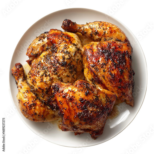 grilled chicken on skewer served on plate isolated on white background

