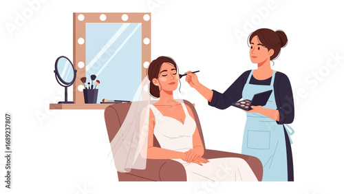 Bride receiving professional makeup application before wedding ceremony in dressing room