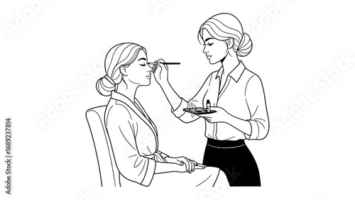 Artist applying makeup to a client s face with a brush and palette in a studio setting