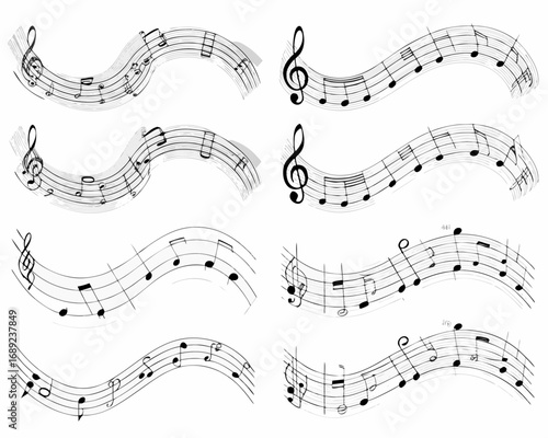 Abstract musical notes and staves flowing in wavy lines