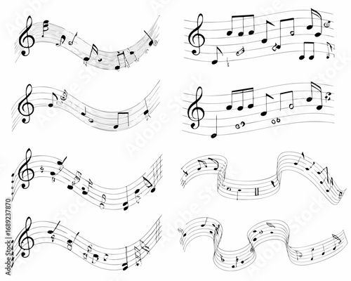 Collection of wavy musical staffs with notes and treble clefs