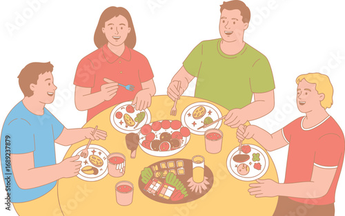Family enjoying a meal together at a round table
