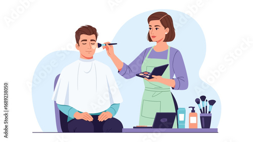 Professional makeup artist applying cosmetics to a male client in a modern clean studio setting