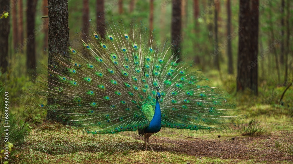 Obraz premium Majestic peacock displaying vibrant feathers in a lush forest setting showcasing natural beauty colorful plumage and wildlife elegance in a stunning nature scene