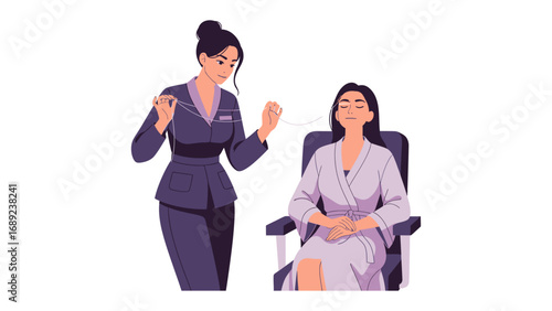 Professional woman in a suit instructing a seated woman in a relaxed pose