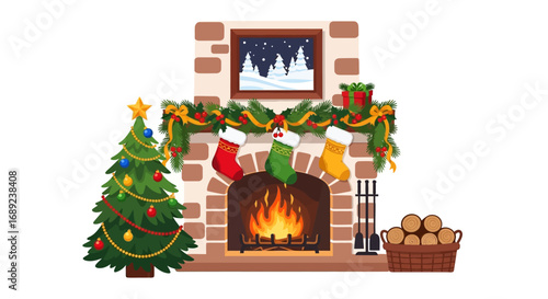 A festive illustration of a decorated fireplace with a Christmas tree and stockings, creating a warm holiday scene.