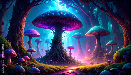 Magical glowing mushroom forest