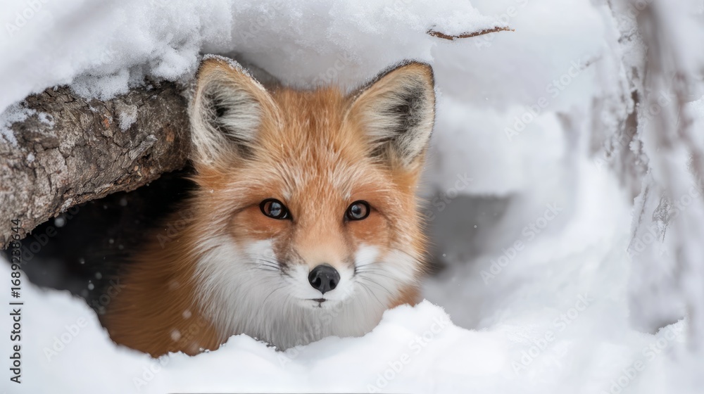 Obraz premium Beautiful fox emerging from snowy forest den showcasing wildlife nature outdoor scene animal face natural habitat fur texture scenic wilderness peaceful environment and captivating
