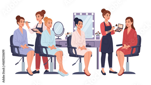 Professional makeup artists apply cosmetics to clients in a well lit beauty salon setting with mirrors and equipment