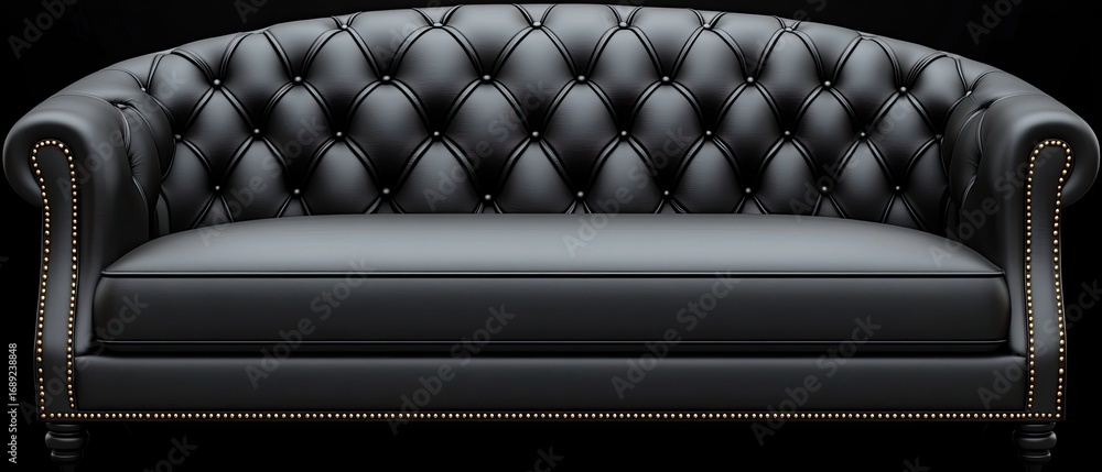 Naklejka premium Timeless Black Leather Chesterfield Sofa with Tufted Back and Gold Nailhead Trim
