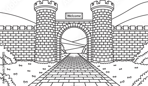 Ancient Brick Archway with Path and Stone Walls Vector Illustration, Brick Arch Gate, Ancient Archway Illustration, Historic Stone Entrance, Medieval Wall Passage