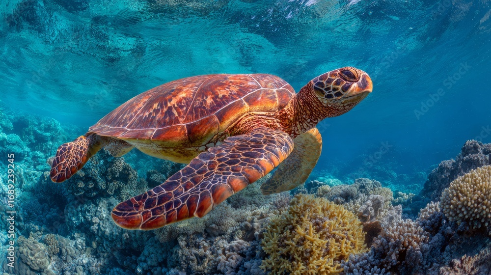 Obraz premium Vivid underwater scene featuring a marine turtle swimming gracefully over vibrant coral reef with diverse marine life and colorful aquatic environment