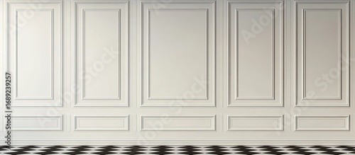Elegant White Wall Paneling with Black and White Checkered Floor.