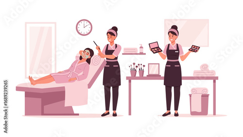 Professional makeup artists preparing a client for a special occasion in a well lit beauty salon