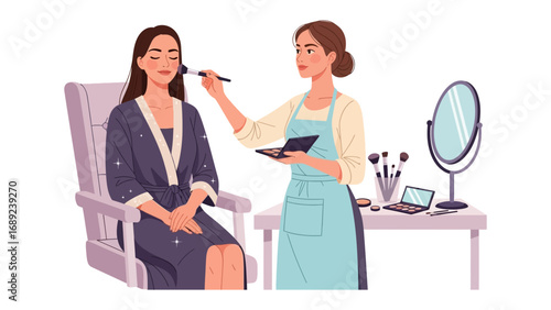 Professional makeup artist applying cosmetics to a client sitting in a salon chair with beauty tools nearby