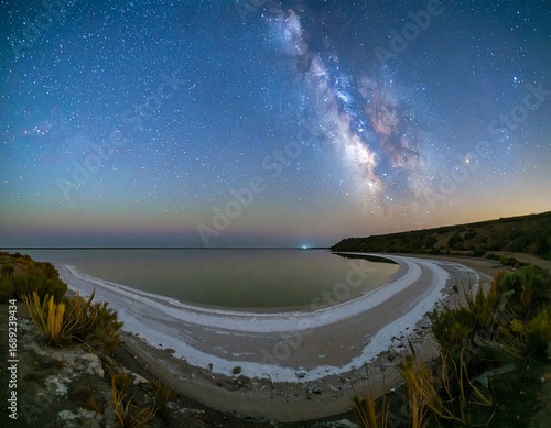Wide-angle night sky panorama over a tranquil lake
