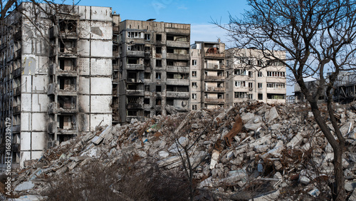 ruined street and destroyed houses in Kiev war in Ukraine