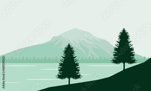Natural Panorama, Mountains and Lakes in the Morning