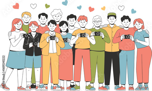 Diverse group of people holding cameras and smiling