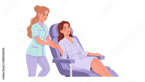 Medical professional assists patient in specialized chair during medical procedure or consultation