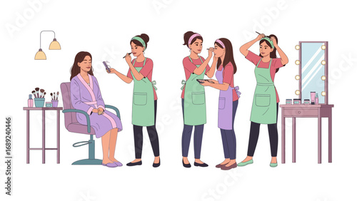 Diverse group of women practicing makeup application in a beauty salon setting with professional tools