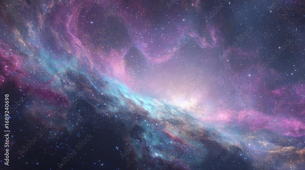 Fototapeta premium A colorful, swirling nebula with stars and glowing cosmic dust on a dark background