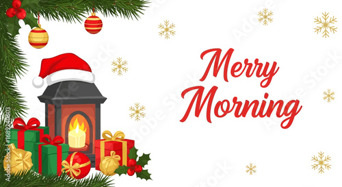 Festive Christmas morning scene with fireplace, gifts, and ornaments.