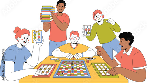 Diverse group of people playing board games and reading