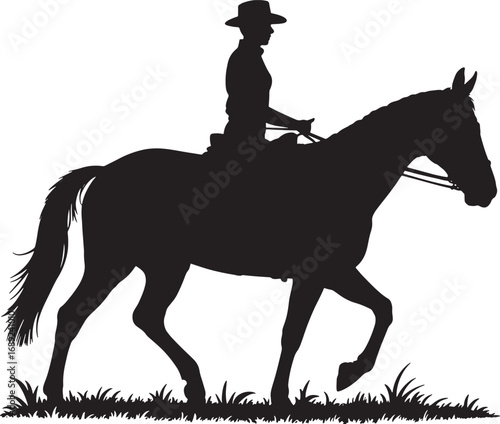 Silhouette of a Cowboy Riding a Horse Across a Grassy Plain Under a Clear Sky Vector Art