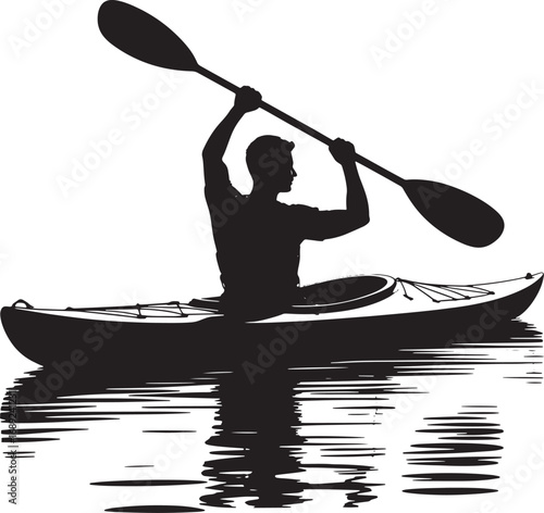 Silhouette of a Kayaker Paddling on Water with Reflections Against a Transparent Backdrop