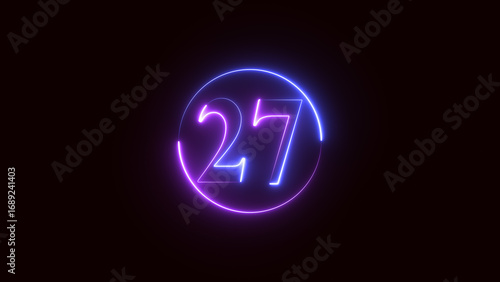 neon text number 27 countdown icon. Glowing neon sign number 27 on black background with alpha channel