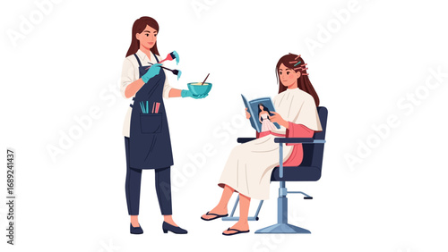 Hairdresser in apron holds styling tools while client reads magazine in salon chair