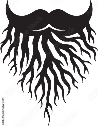 Stylized black and white beard and mustache design