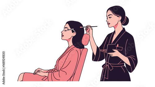 Skilled makeup artist meticulously applying eye makeup to a seated woman in a salon setting