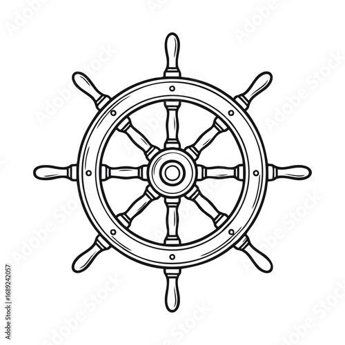 Ship Steering Wheel Vector Outline Illustration - Nautical Marine Helm