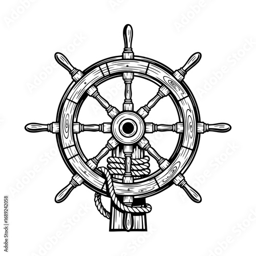 Vintage Nautical Ship's Wheel with Rope Illustration. Classic Wooden Boat Helm for Steering and Maritime Navigation.