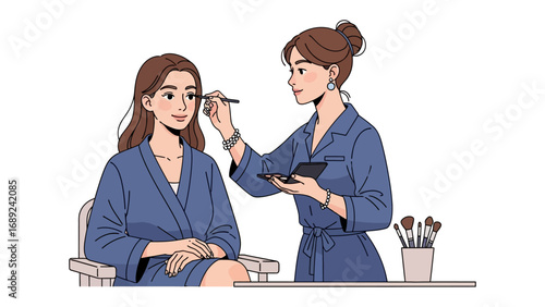 Professional makeup artist applying eyeshadow to a seated woman wearing a blue robe in a bright studio setting