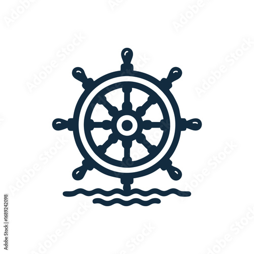 Nautical Ship's Wheel and Waves Vector Icon for Maritime Travel