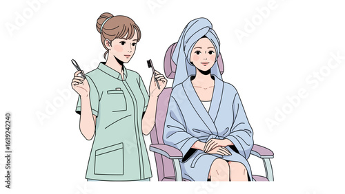 Stylist with vintage hairstyle prepares to style a client wrapped in a towel and robe