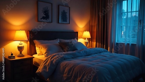 Cozy Bedroom Night Scene Soft Bedside Lamps Illuminate Relaxing Sleep Ambiance  Perfect for Interior Design and Home Decor