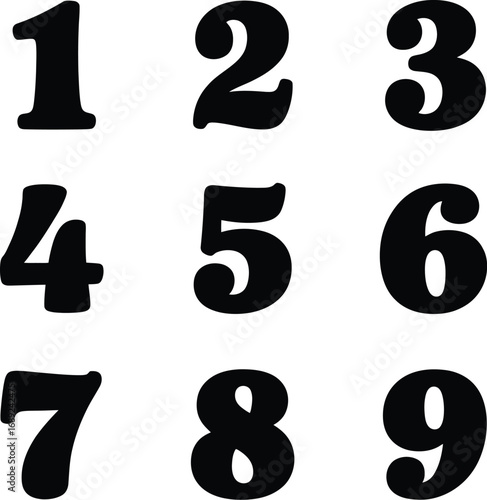 Bold Number Grid Silhouette – Black-and-White Vector of Stylized Numerals 1–9 in 3x3 Layout for Educational and Decorative Use