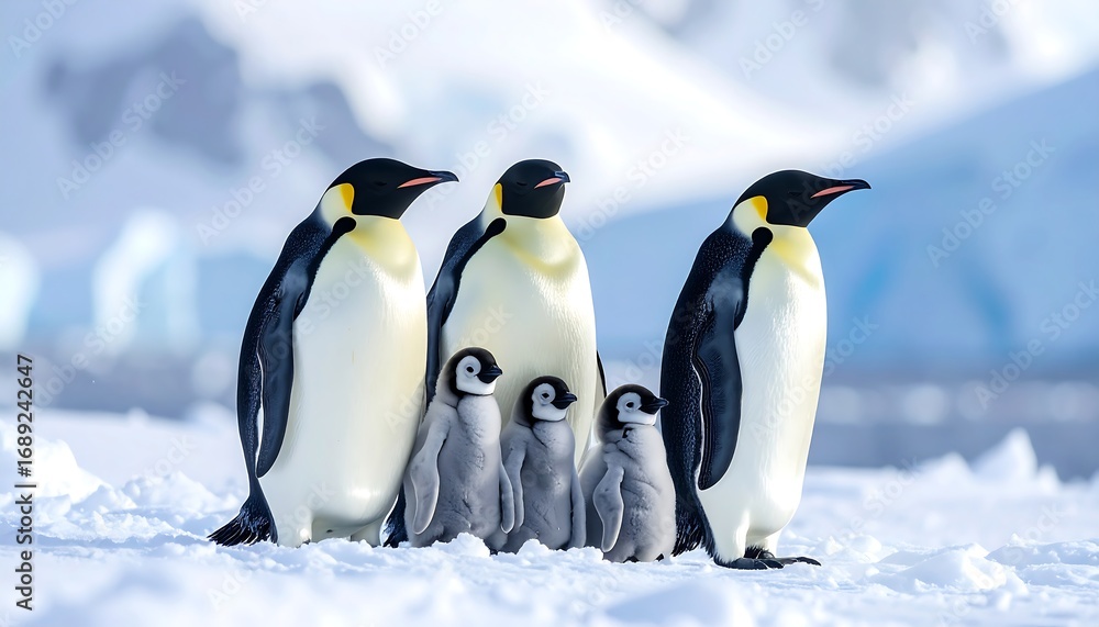 Fototapeta premium Emperor penguin family stands together on the antarctic ice, protecting their fluffy chicks from the cold in a heartwarming scene.